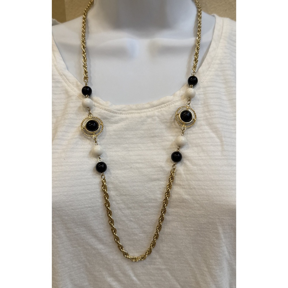 Faux Pearl‎ Necklace Black Gold Tone 29" Statement Necklace